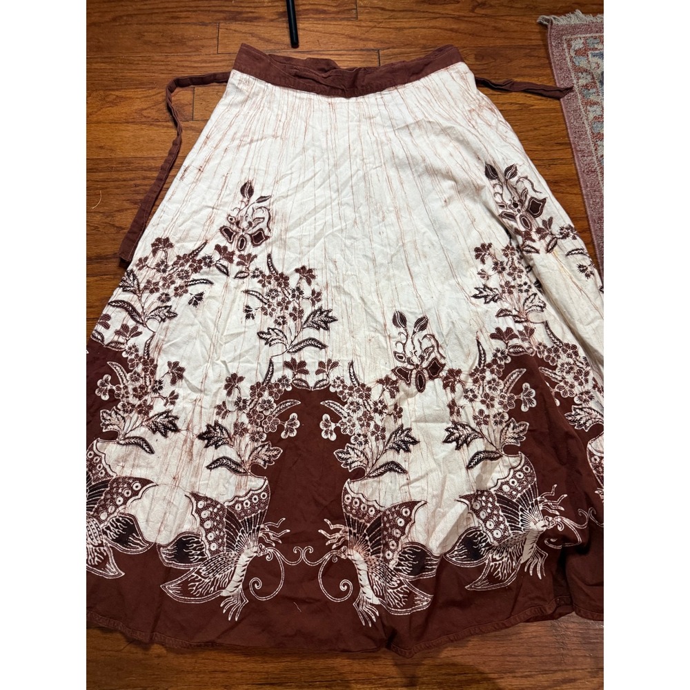 Vintage Batik Butterfly Floral Wrap Maxi Skirt Brown Cream Boho Festival L XL